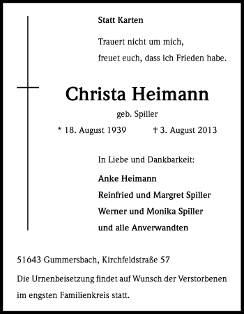 Anzeige von Christa Heimann von Kölner Stadt-Anzeiger / Kölnische Rundschau / Express