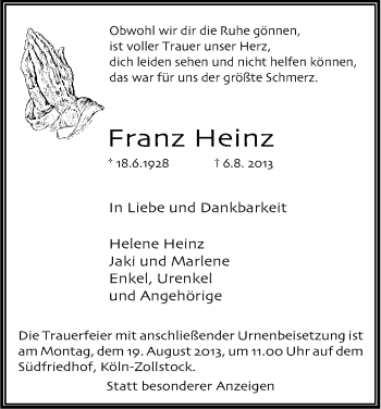 Anzeige von Franz Heinz von Kölner Stadt-Anzeiger / Kölnische Rundschau / Express