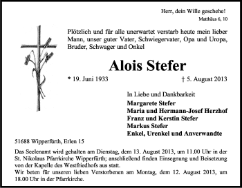 Anzeige von Alois Stefer von Kölner Stadt-Anzeiger / Kölnische Rundschau / Express