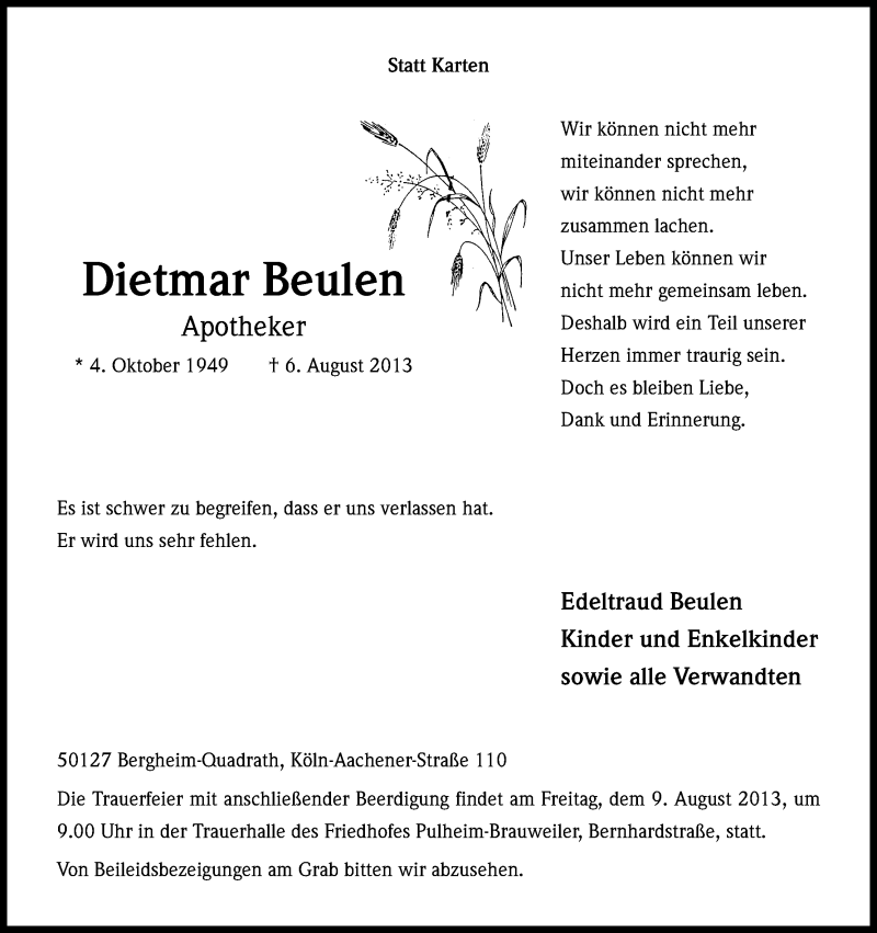  Traueranzeige für Dietmar Beulen vom 08.08.2013 aus Kölner Stadt-Anzeiger / Kölnische Rundschau / Express