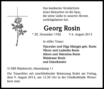 Anzeige von Georg Rosin von Kölner Stadt-Anzeiger / Kölnische Rundschau / Express