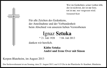 Anzeige von Ignaz Sztuka von Kölner Stadt-Anzeiger / Kölnische Rundschau / Express