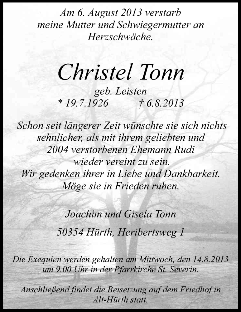  Traueranzeige für Christel Tonn vom 10.08.2013 aus Kölner Stadt-Anzeiger / Kölnische Rundschau / Express
