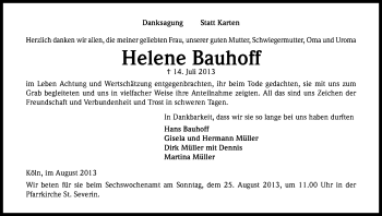 Anzeige von Helene Bauhoff von Kölner Stadt-Anzeiger / Kölnische Rundschau / Express
