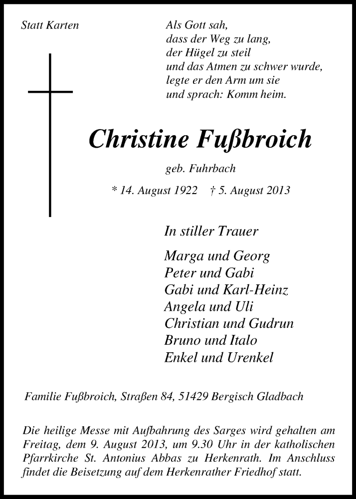  Traueranzeige für Christine Fußbroich vom 08.08.2013 aus Kölner Stadt-Anzeiger / Kölnische Rundschau / Express