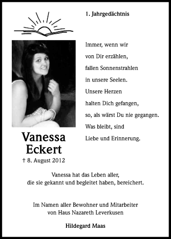 Anzeige von Vanessa Eckert von Kölner Stadt-Anzeiger / Kölnische Rundschau / Express