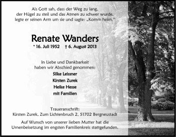 Anzeige von Renate Wanders von Kölner Stadt-Anzeiger / Kölnische Rundschau / Express