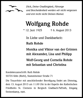 Anzeige von Wolfgang Rohde von Kölner Stadt-Anzeiger / Kölnische Rundschau / Express