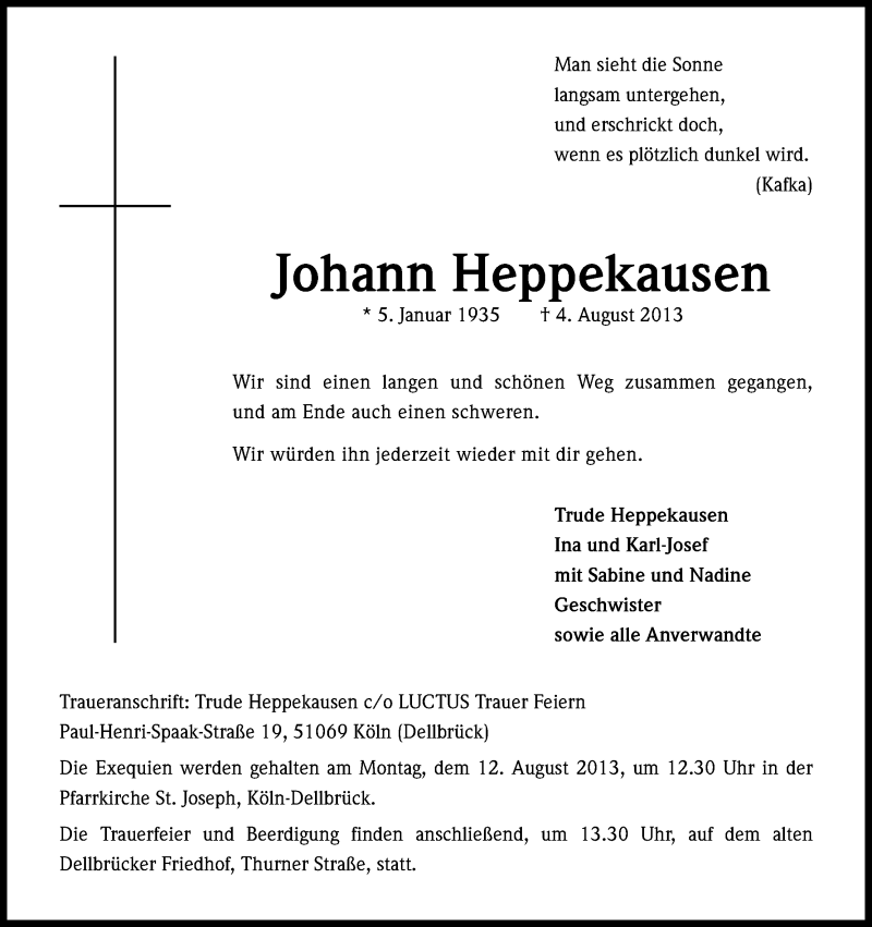  Traueranzeige für Johann Heppekausen vom 10.08.2013 aus Kölner Stadt-Anzeiger / Kölnische Rundschau / Express