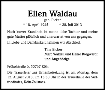 Anzeige von Ellen Waldau von Kölner Stadt-Anzeiger / Kölnische Rundschau / Express