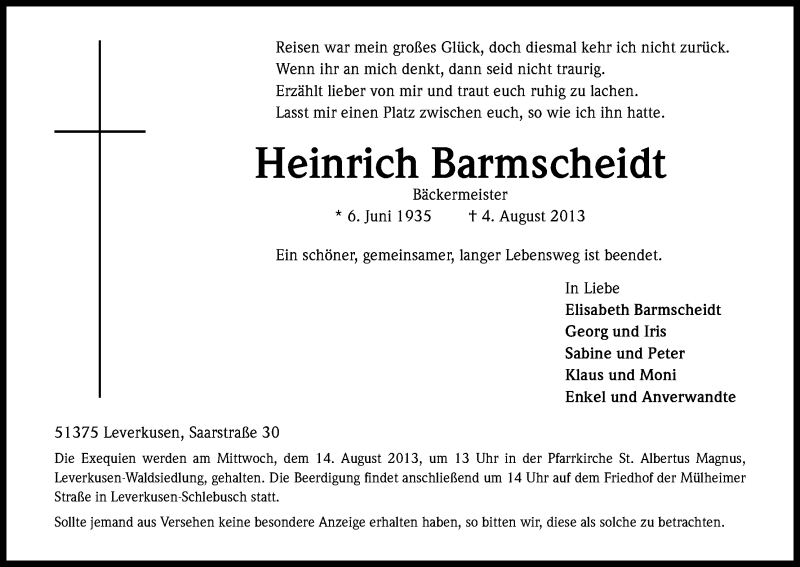  Traueranzeige für Heinrich Barmscheidt vom 09.08.2013 aus Kölner Stadt-Anzeiger / Kölnische Rundschau / Express