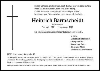 Anzeige von Heinrich Barmscheidt von Kölner Stadt-Anzeiger / Kölnische Rundschau / Express