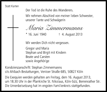 Anzeige von Maria Zimmermann von Kölner Stadt-Anzeiger / Kölnische Rundschau / Express