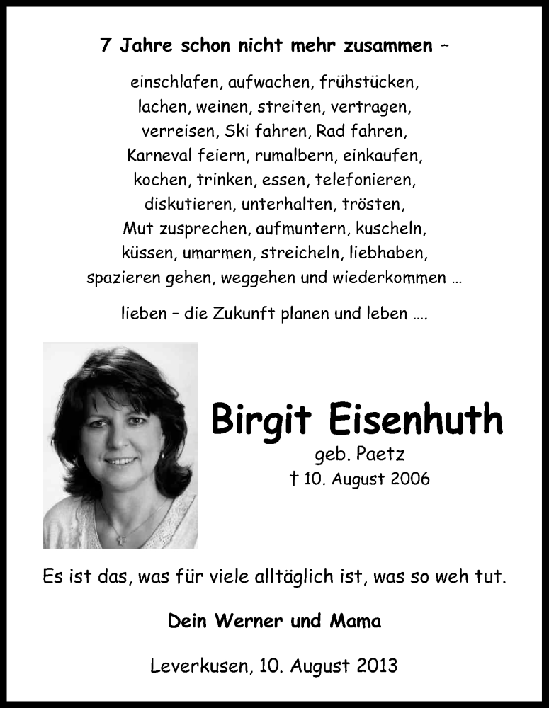  Traueranzeige für Birgit Eisenhuth vom 10.08.2013 aus Kölner Stadt-Anzeiger / Kölnische Rundschau / Express