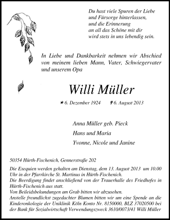 Anzeige von Willi Müller von Kölner Stadt-Anzeiger / Kölnische Rundschau / Express