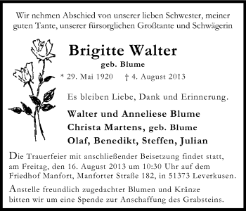 Anzeige von Brigitte Walter von Kölner Stadt-Anzeiger / Kölnische Rundschau / Express
