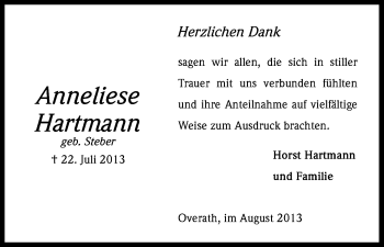 Anzeige von Anneliese Hartmann von Kölner Stadt-Anzeiger / Kölnische Rundschau / Express
