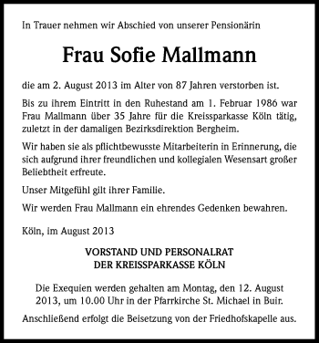 Anzeige von Sofie Mallmann von Kölner Stadt-Anzeiger / Kölnische Rundschau / Express