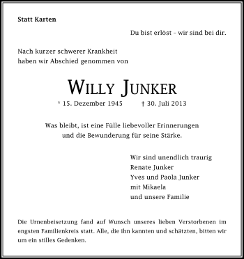 Anzeige von Willy Junker von Kölner Stadt-Anzeiger / Kölnische Rundschau / Express