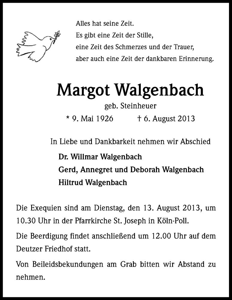  Traueranzeige für Margot Walgenbach vom 10.08.2013 aus Kölner Stadt-Anzeiger / Kölnische Rundschau / Express