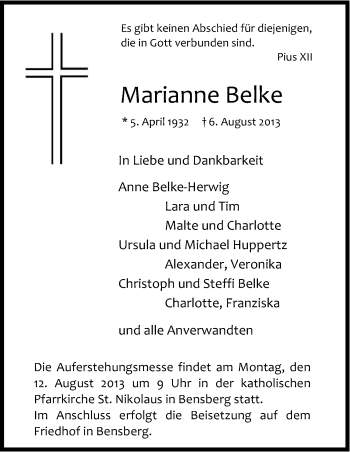 Anzeige von Marianne Belke von Kölner Stadt-Anzeiger / Kölnische Rundschau / Express