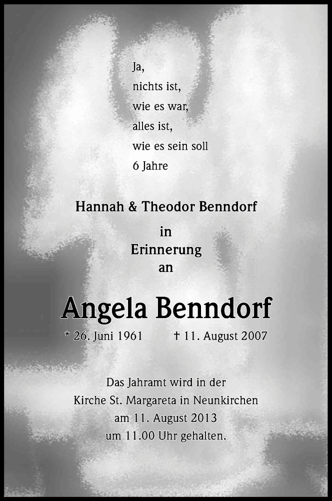  Traueranzeige für Angela Benndorf vom 10.08.2013 aus Kölner Stadt-Anzeiger / Kölnische Rundschau / Express