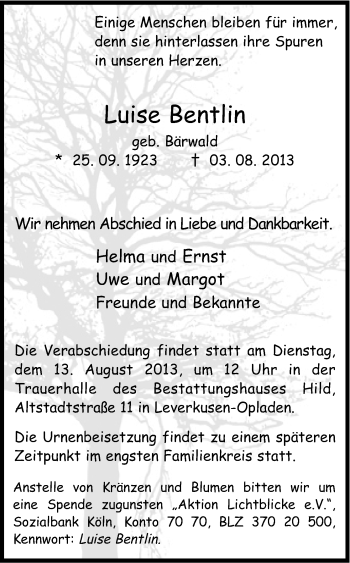 Anzeige von Luise Bentlin von Kölner Stadt-Anzeiger / Kölnische Rundschau / Express