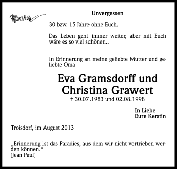 Anzeige von Eva Gramsdorff von Kölner Stadt-Anzeiger / Kölnische Rundschau / Express