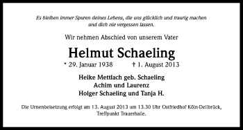 Anzeige von Helmut Schaeling von Kölner Stadt-Anzeiger / Kölnische Rundschau / Express
