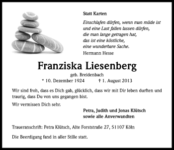Anzeige von Franziska Liesenberg von Kölner Stadt-Anzeiger / Kölnische Rundschau / Express