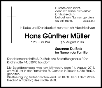 Anzeige von Hans Günther Müller von Kölner Stadt-Anzeiger / Kölnische Rundschau / Express