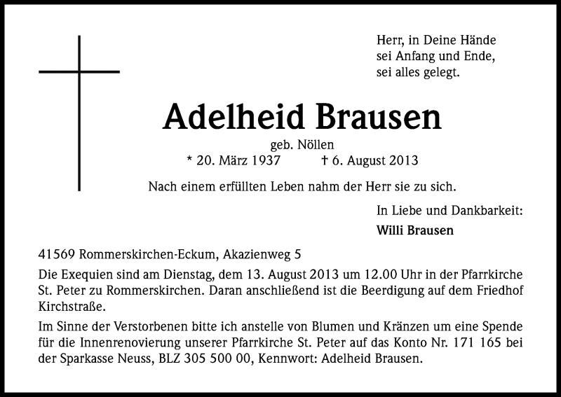  Traueranzeige für Adelheid Brausen vom 09.08.2013 aus Kölner Stadt-Anzeiger / Kölnische Rundschau / Express
