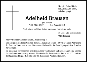 Anzeige von Adelheid Brausen von Kölner Stadt-Anzeiger / Kölnische Rundschau / Express