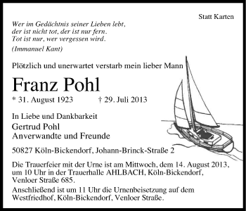 Anzeige von Franz Pohl von Kölner Stadt-Anzeiger / Kölnische Rundschau / Express