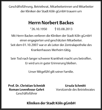 Anzeige von Norbert Backes von Kölner Stadt-Anzeiger / Kölnische Rundschau / Express