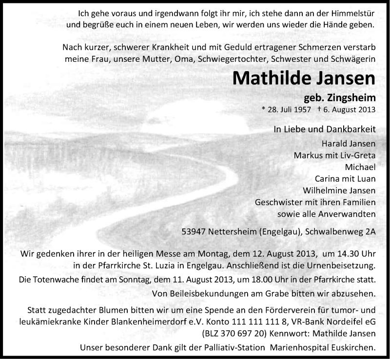  Traueranzeige für Mathilde Jansen vom 09.08.2013 aus Kölner Stadt-Anzeiger / Kölnische Rundschau / Express