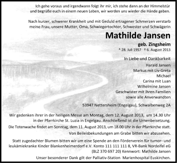 Anzeige von Mathilde Jansen von Kölner Stadt-Anzeiger / Kölnische Rundschau / Express