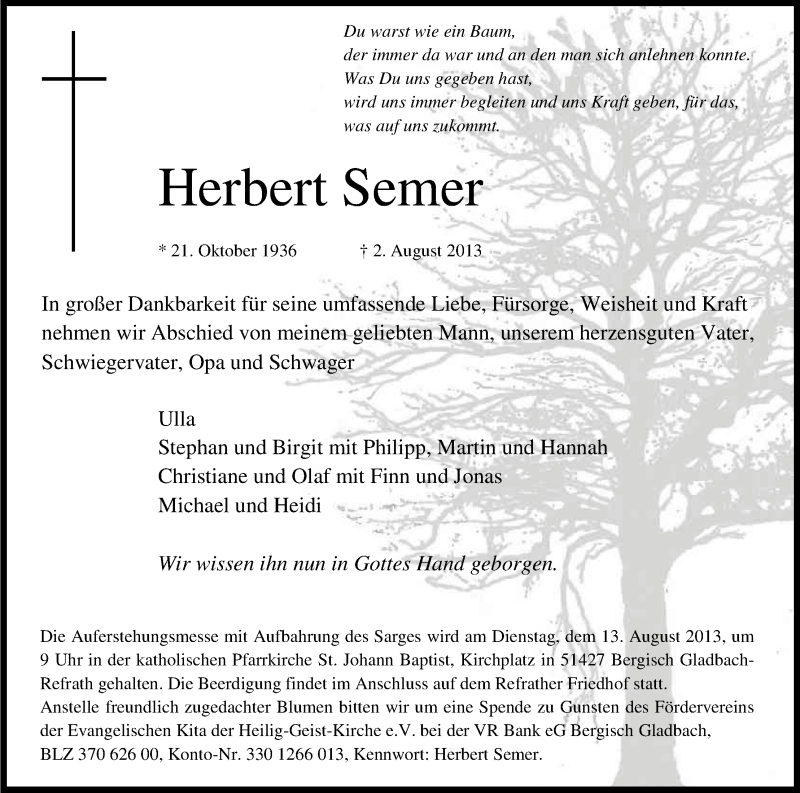 Traueranzeige für Herbert Semer vom 09.08.2013 aus Kölner Stadt-Anzeiger / Kölnische Rundschau / Express