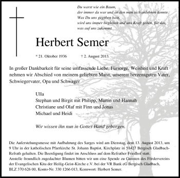 Anzeige von Herbert Semer von Kölner Stadt-Anzeiger / Kölnische Rundschau / Express