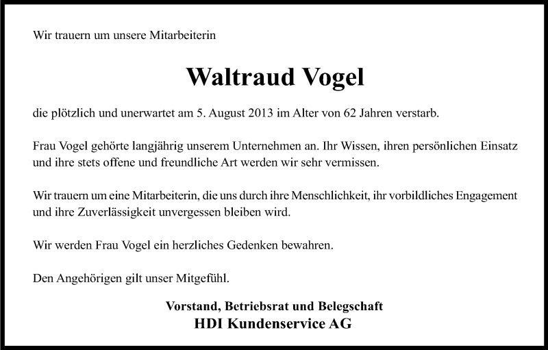  Traueranzeige für Waltraud Vogel vom 09.08.2013 aus Kölner Stadt-Anzeiger / Kölnische Rundschau / Express