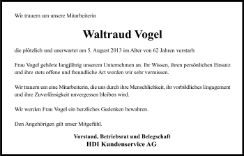 Anzeige von Waltraud Vogel von Kölner Stadt-Anzeiger / Kölnische Rundschau / Express