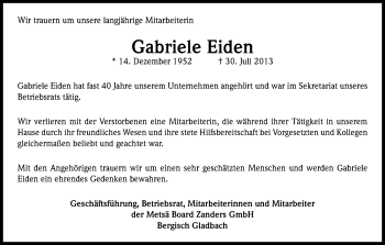 Anzeige von Gabriele Eiden von Kölner Stadt-Anzeiger / Kölnische Rundschau / Express