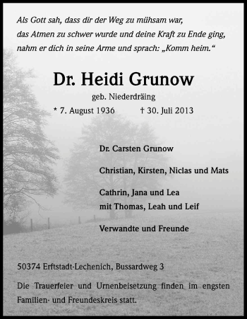 Anzeige von Heidi Grunow von Kölner Stadt-Anzeiger / Kölnische Rundschau / Express