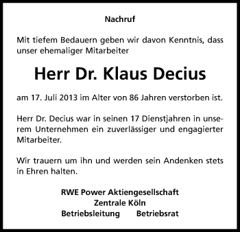 Anzeige von Klaus Decius von Kölner Stadt-Anzeiger / Kölnische Rundschau / Express
