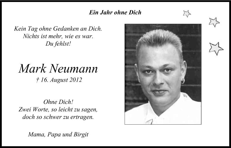 Traueranzeige für Mark Neumann vom 17.08.2013 aus Kölner Stadt-Anzeiger / Kölnische Rundschau / Express