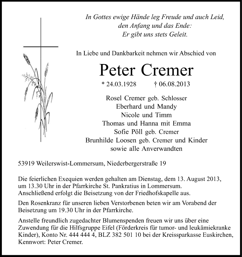  Traueranzeige für Peter Cremer vom 10.08.2013 aus Kölner Stadt-Anzeiger / Kölnische Rundschau / Express
