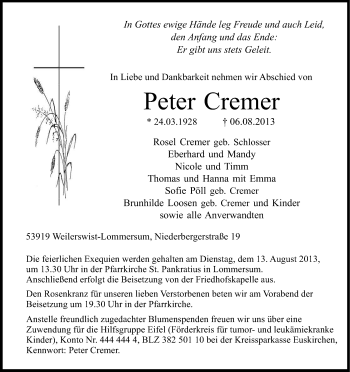 Anzeige von Peter Cremer von Kölner Stadt-Anzeiger / Kölnische Rundschau / Express