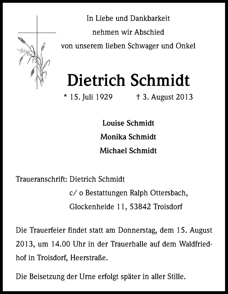  Traueranzeige für Dietrich Schmidt vom 10.08.2013 aus Kölner Stadt-Anzeiger / Kölnische Rundschau / Express