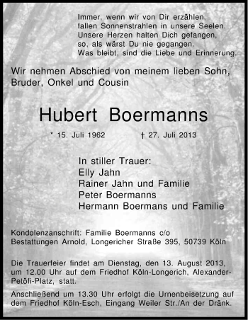 Anzeige von Hubert Boermanns von Kölner Stadt-Anzeiger / Kölnische Rundschau / Express