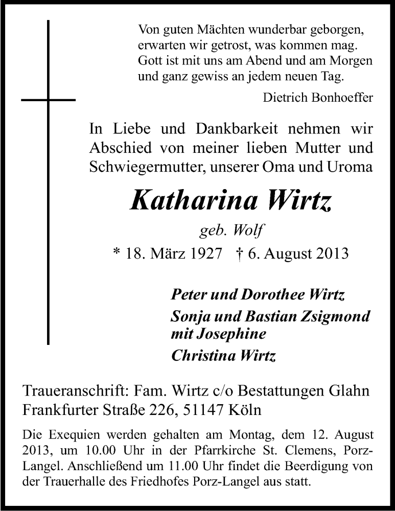  Traueranzeige für Katharina Wirtz vom 10.08.2013 aus Kölner Stadt-Anzeiger / Kölnische Rundschau / Express
